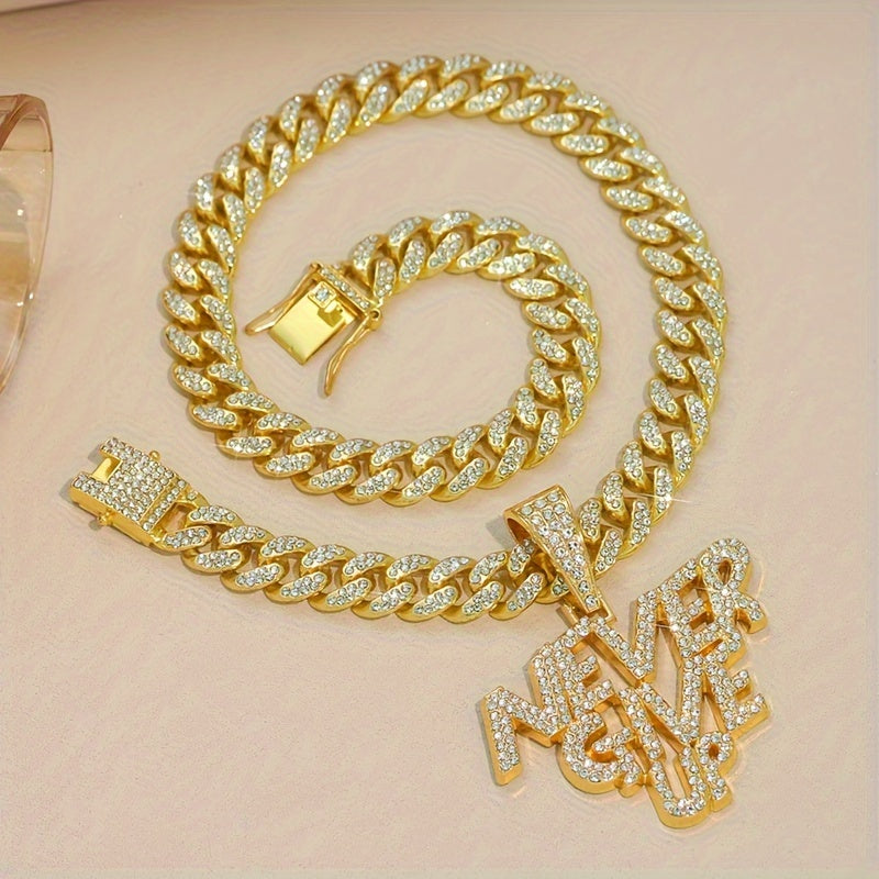 A Shiny Pendant With The Words NEVERGIVEUP, Featuring A Cuban Link Chain, Suitable For Both Men And Women, A Hip-hop Pendant Necklace.