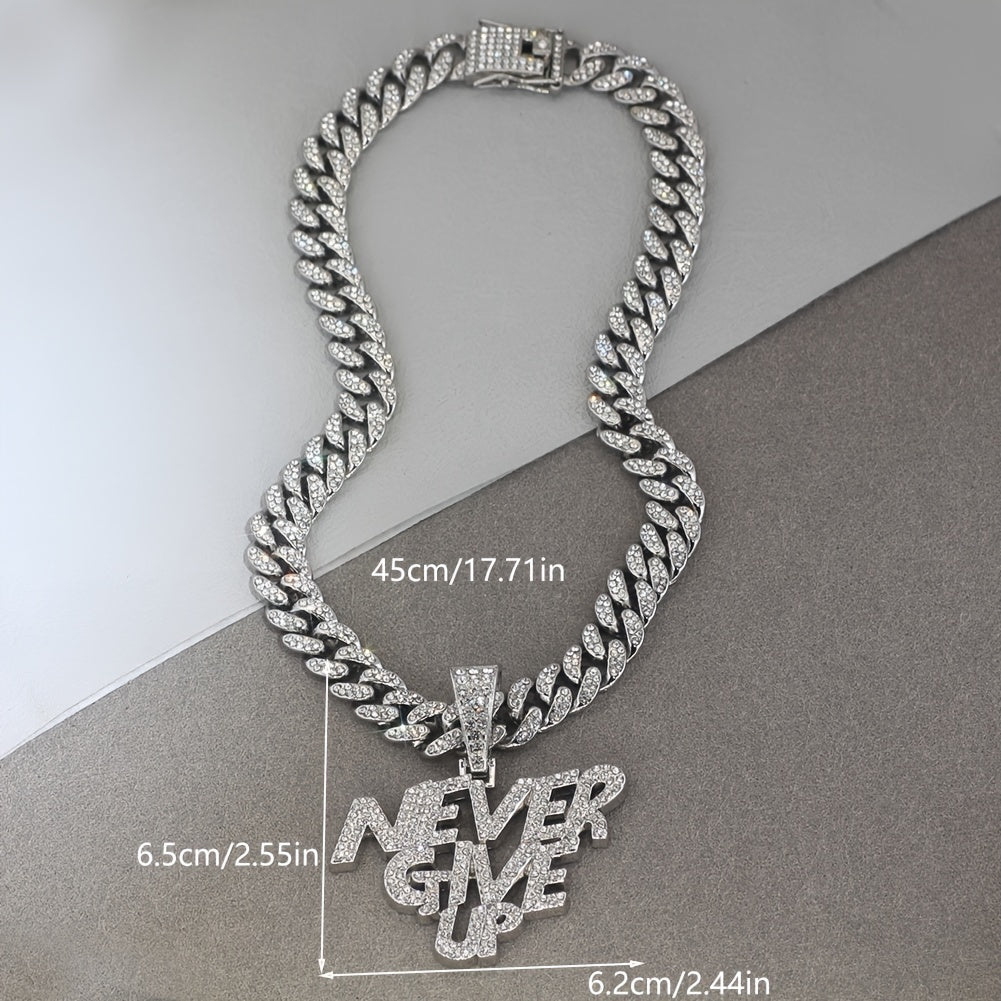 A Shiny Pendant With The Words NEVERGIVEUP, Featuring A Cuban Link Chain, Suitable For Both Men And Women, A Hip-hop Pendant Necklace.
