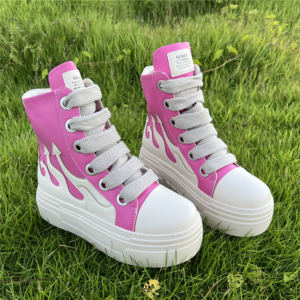 Women Fashion Red Sneakers Thick Sole High-top Faux Leather Casual Tennis
