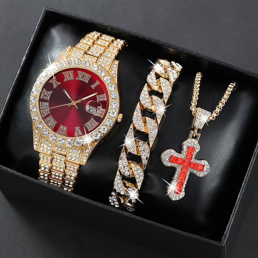 Men's Quartz Watch Set, Stylish Shock Resistant Circular Pointer Display, Non Alloy Case and Strap, with Accompanying Jewelry Set