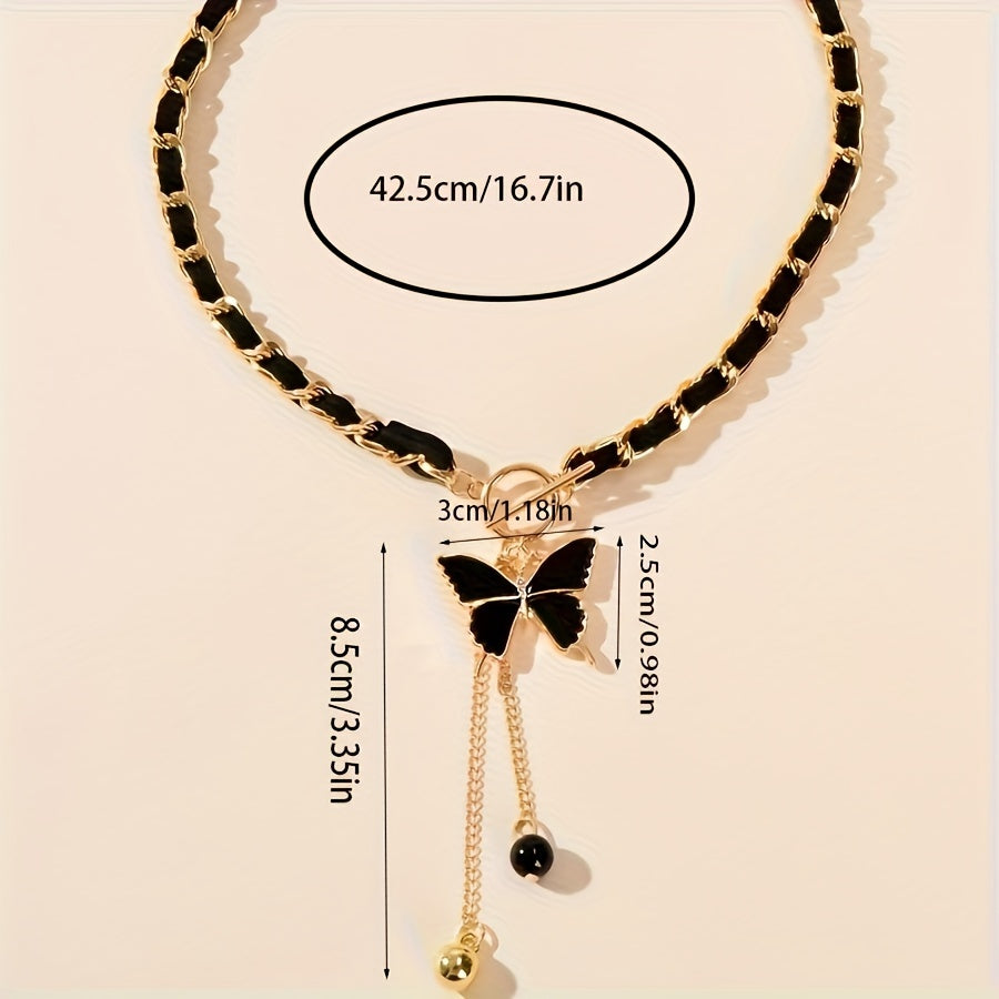 1pc Women's Black Butterfly Pendant Necklace, Bohemian Elegance with Tassel Pendant Necklace, Chain Jewelry for Daily Wear