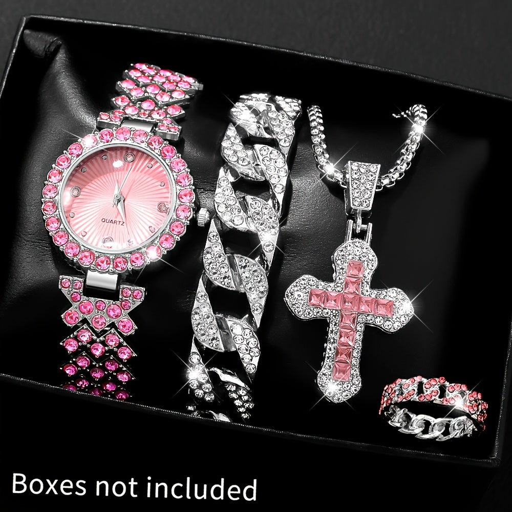 A Set Of 4 Elegant Casual Pointer-style Ladies' Quartz Watches, Exquisite And Shiny Ladies' Watch Set, 1 Watch + 3 Jewelry Set, A Selected Watch Set For Fashionable Ladies