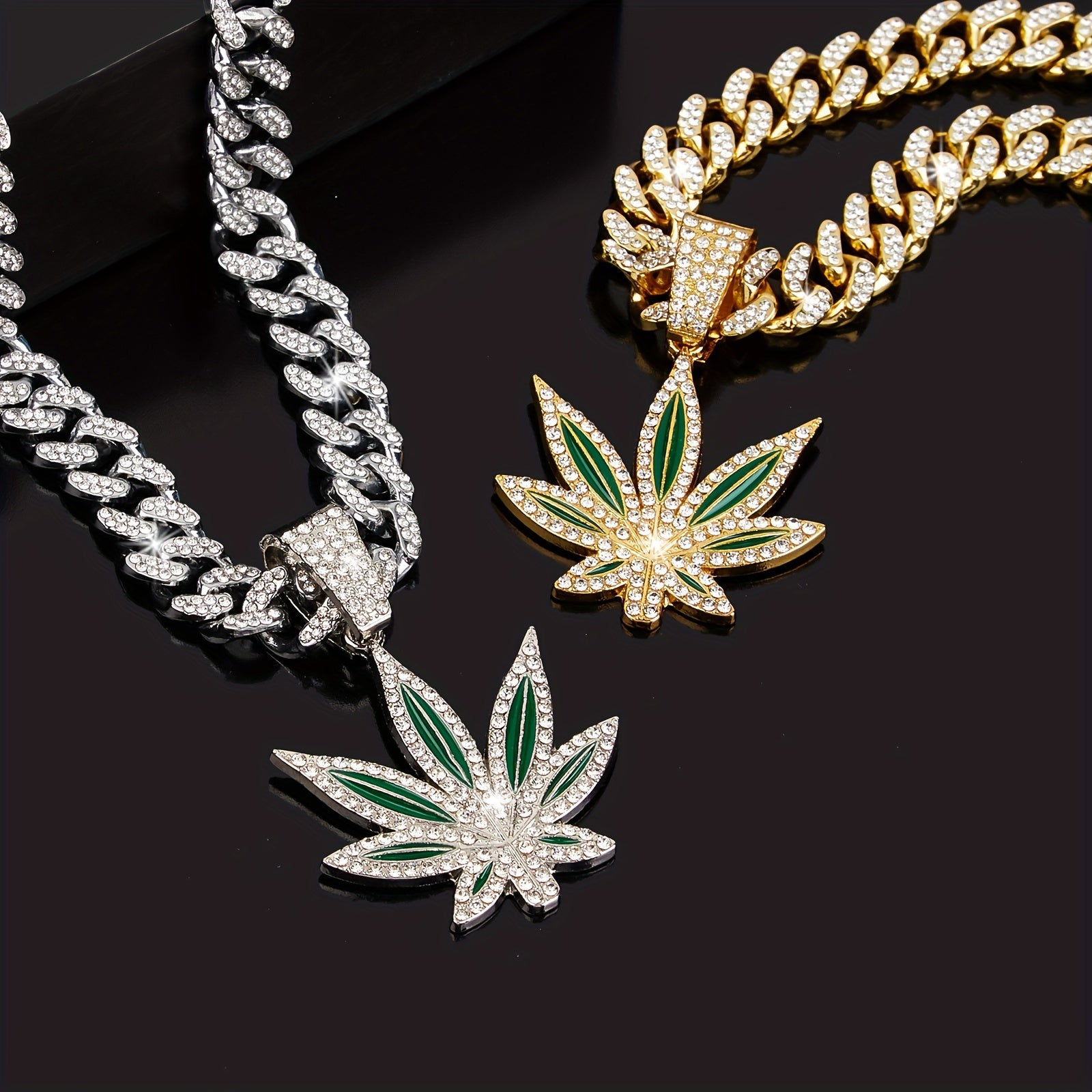 Hip hop rhinestone leaf pendant, Cuban chain necklace, unisex neck accessory, Women's and Men's decoration