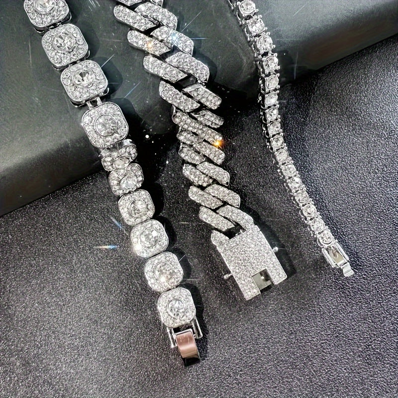 3pcs 7.87inch Cuban Chain Bracelets For Men, Hip Hop Iced Out Rhinestone Bracelet Jewelry