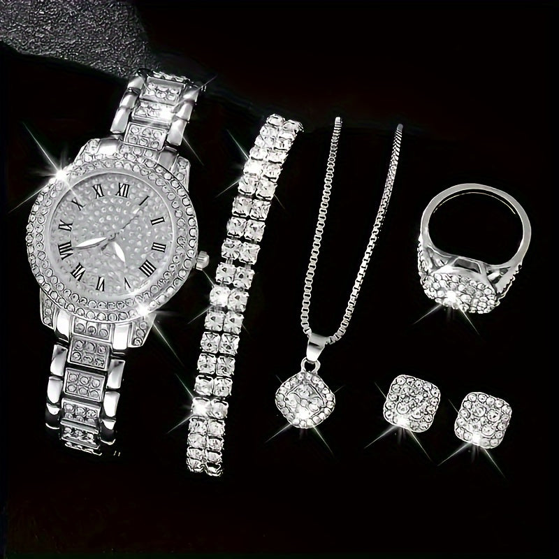 6 New Ladies' Gorgeous And Fashionable Silvery Quartz Watch+new Silvery Jewelry Set Valentine'S Day, Easter, Ramadan, Wedding, Birthday Party, Christmas Horror, Halloween, Give Friends Gifts Eid Al Adha