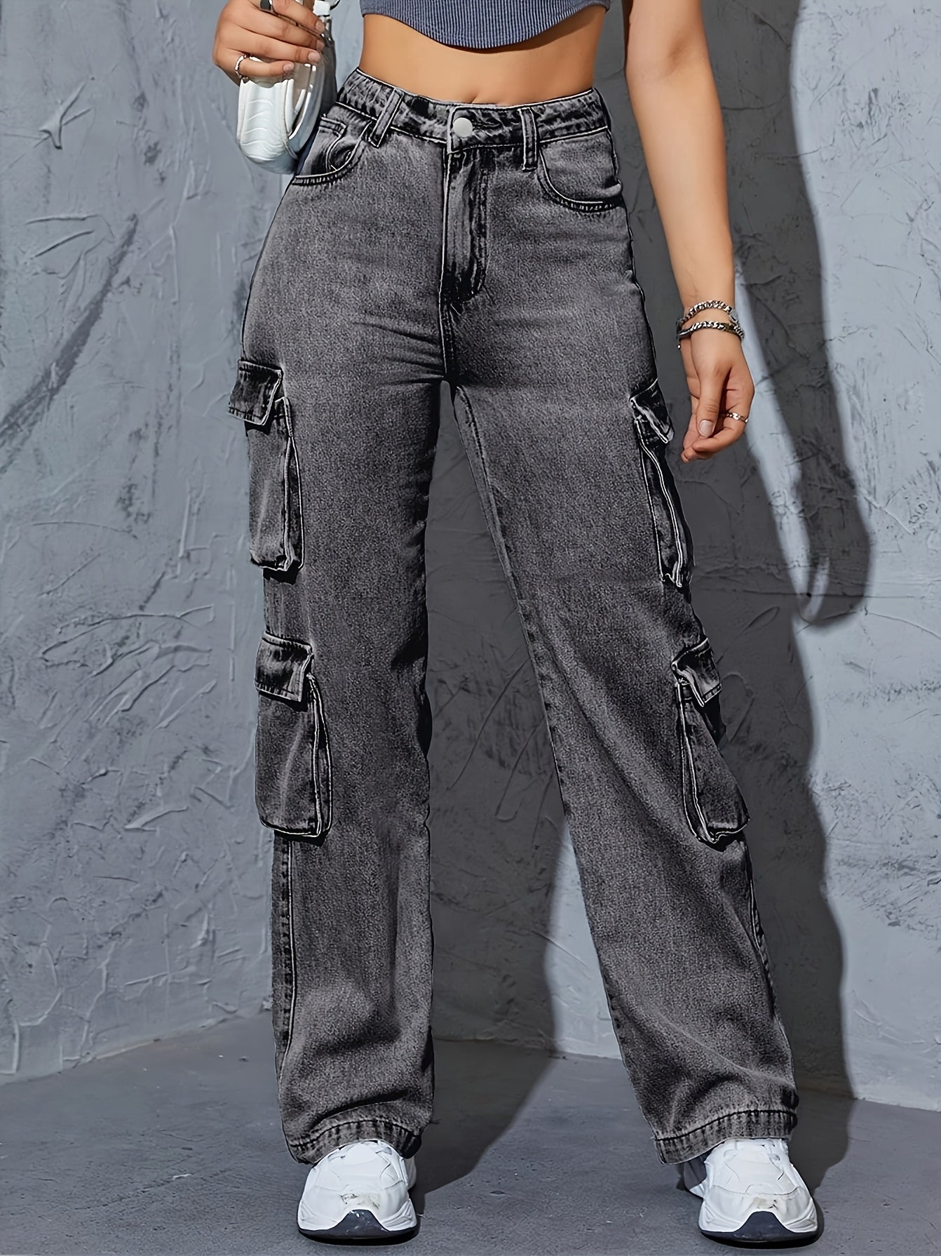 Women's High-waisted Wide-leg Jeans, Boyfriend Style Wide-leg Overalls, Casual Denim Baggy Belt Pockets