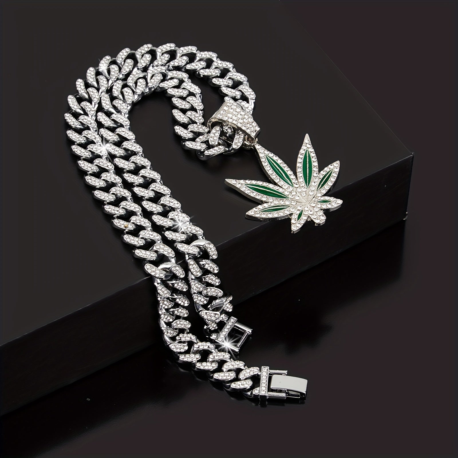 Hip hop rhinestone leaf pendant, Cuban chain necklace, unisex neck accessory, Women's and Men's decoration