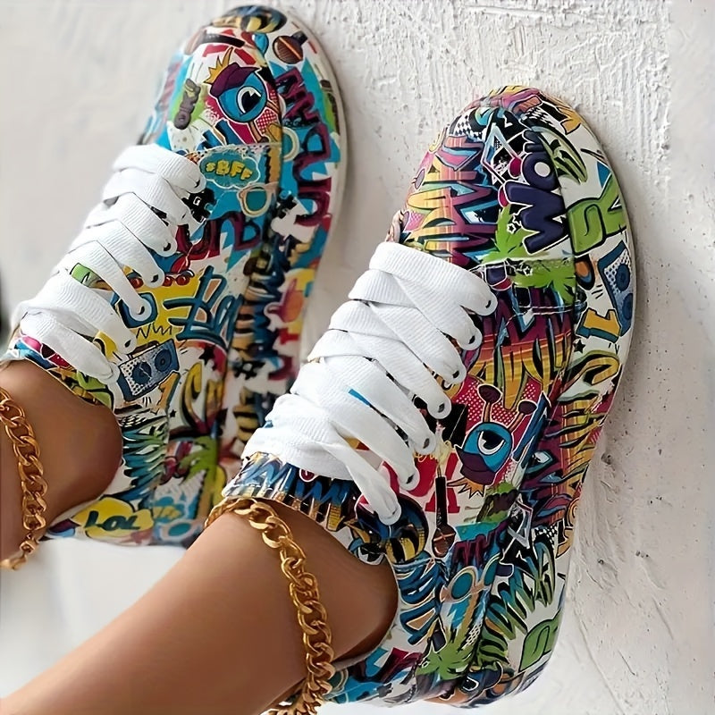 Women's Graffiti Print Platform Sneakers - Low-Top Lace-Up Skate Shoes with PU Cover Upper, Rubber Sole & Fabric Lining, All-Season Casual Streetwear Shoes for Urban Fashion, Ladies Sneakers, Stylish Laceup Footwear, Durable