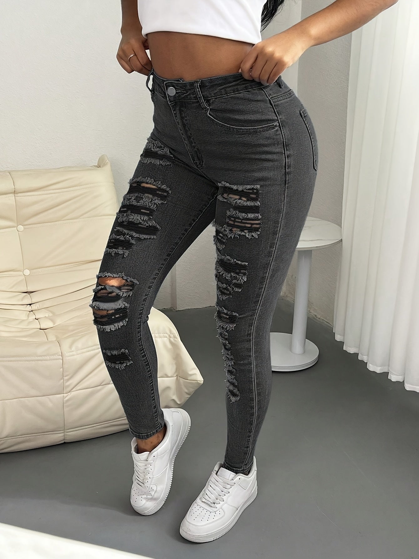 Elastic hole sexy Women's jeans feet pants