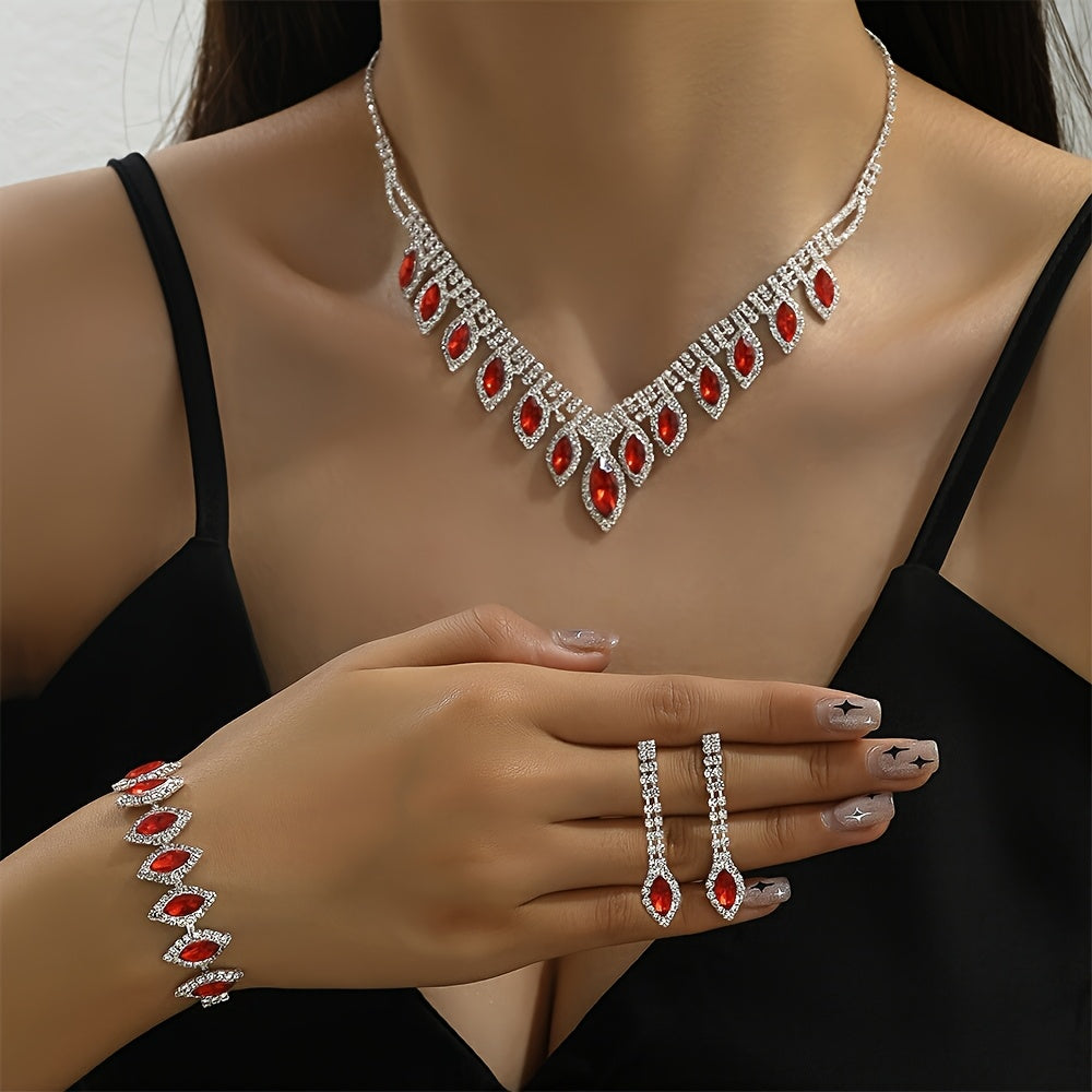 Elegant Bridal Wedding Jewelry Set, Rhinestone Heart Theme, Synthetic February Birthstone, Minimalist Style, 1 Necklace, 1 Pair Of Earrings, 1 Bracelet, Party And Wedding Accessories, Ramadan Gifts, Suitable For All Seasons