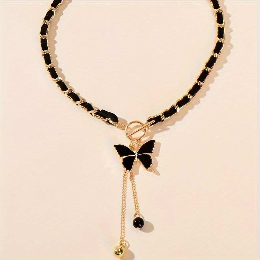 1pc Women's Black Butterfly Pendant Necklace, Bohemian Elegance with Tassel Pendant Necklace, Chain Jewelry for Daily Wear