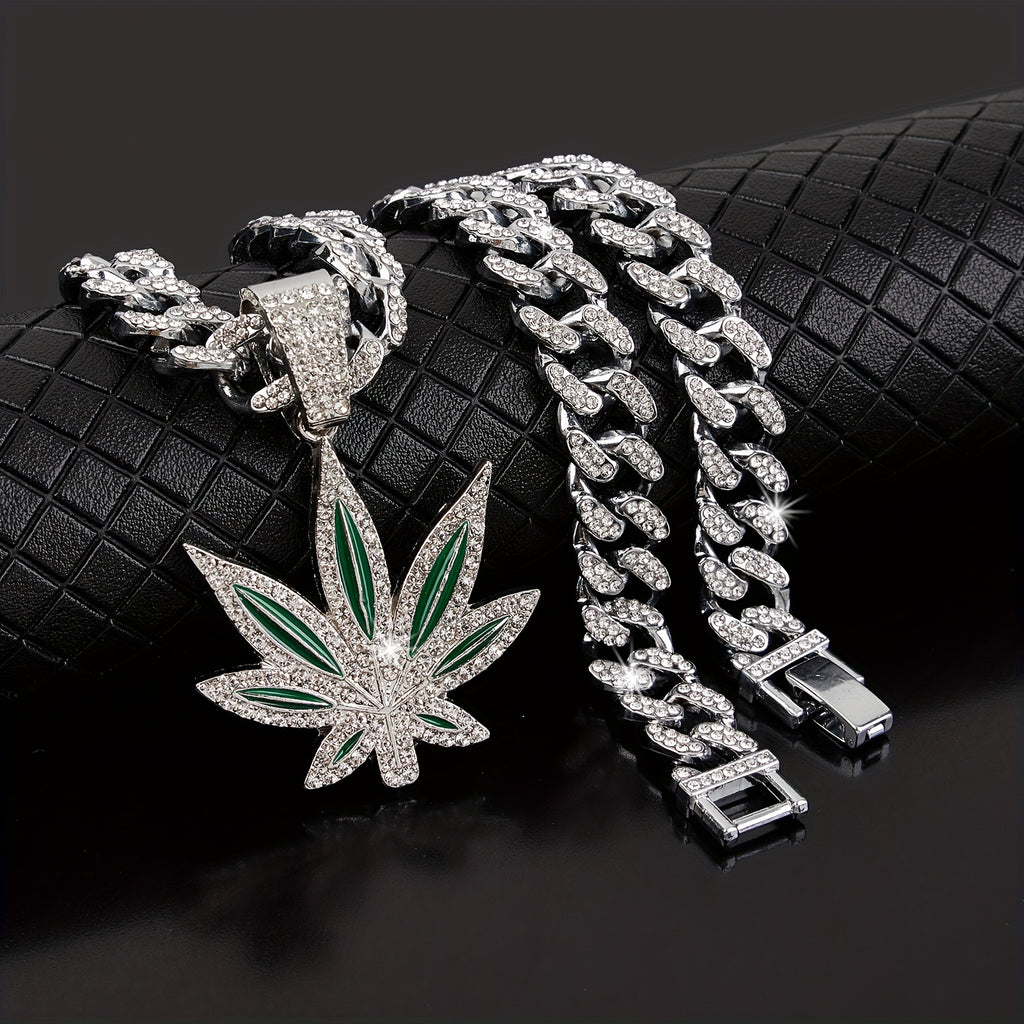 Hip hop rhinestone leaf pendant, Cuban chain necklace, unisex neck accessory, Women's and Men's decoration