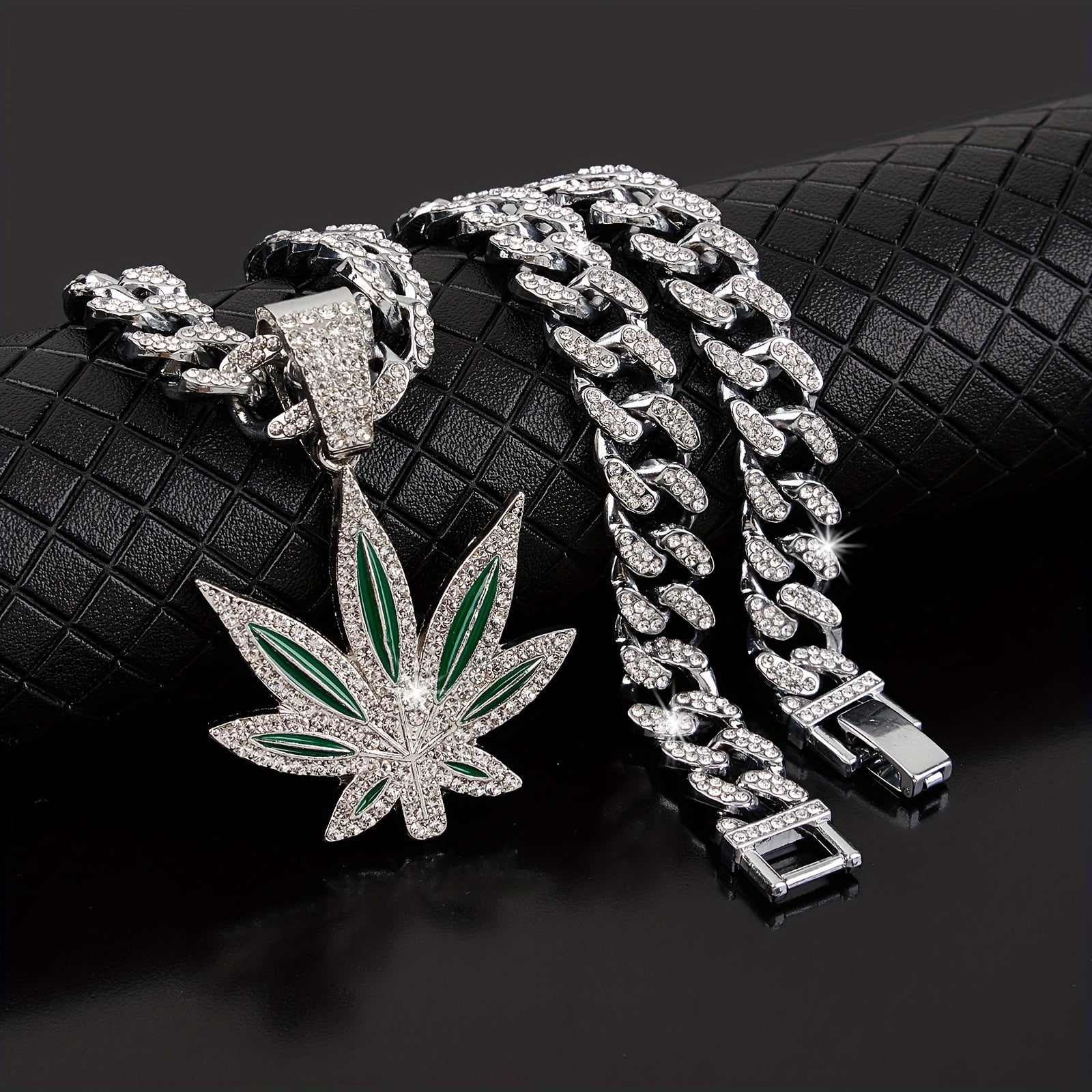 Hip hop rhinestone leaf pendant, Cuban chain necklace, unisex neck accessory, Women's and Men's decoration