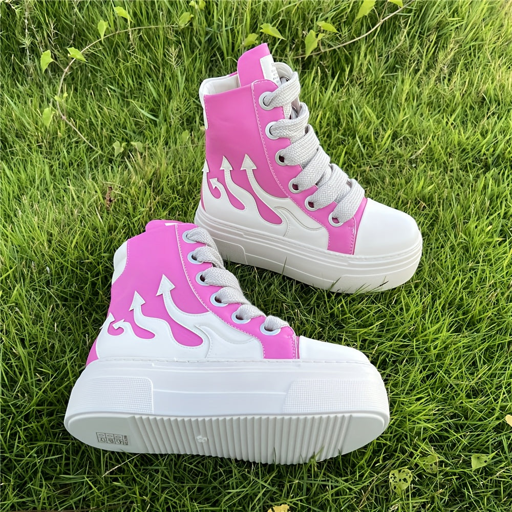 Women Fashion Red Sneakers Thick Sole High-top Faux Leather Casual Tennis