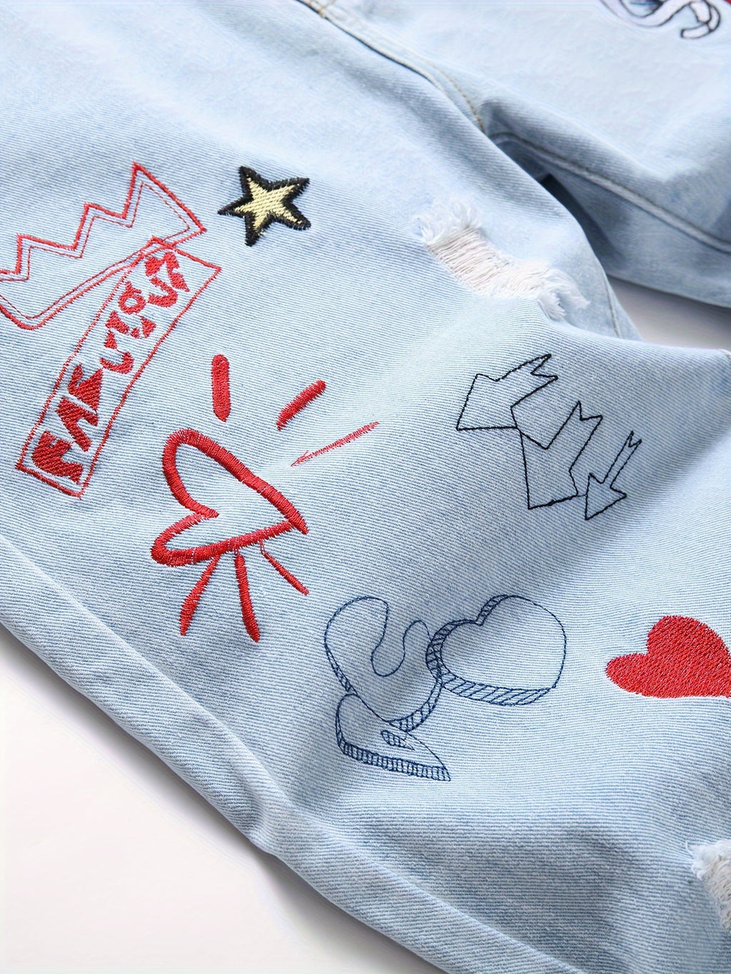 Men Distressed Straight Street Wear Letter&Heart Embroidered Ripped Jeans Casual Slim-fitting Menswear Clothing Denim Men's Pants