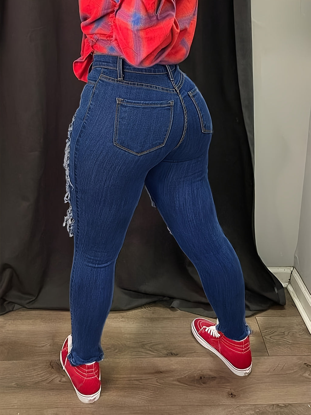 [Distressed High Waisted Jeans] High Waisted Ladies' Classic Distressed Torn Elastic Jeans - Comfortable Frayed Edges, Women's Jeans And Clothing