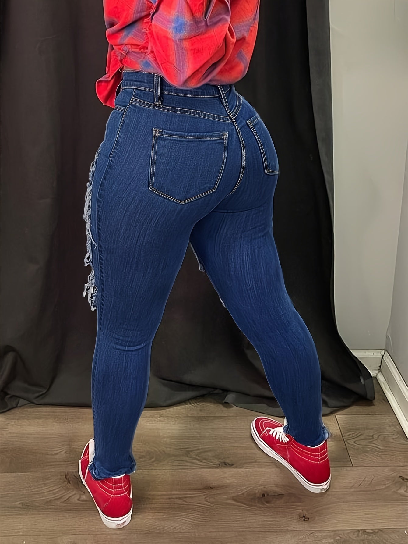 [Distressed High Waisted Jeans] High Waisted Ladies' Classic Distressed Torn Elastic Jeans - Comfortable Frayed Edges, Women's Jeans And Clothing