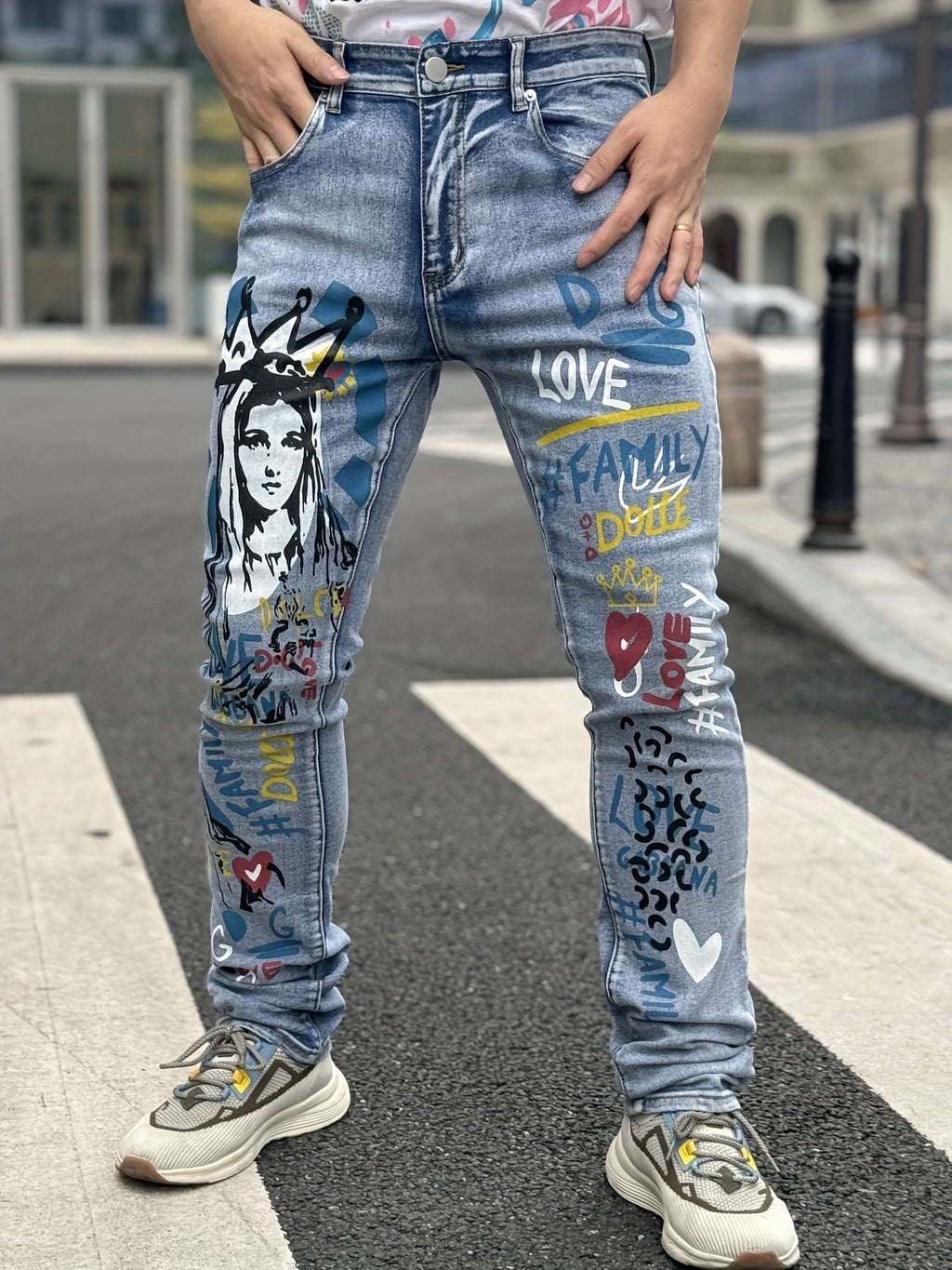 Men's Slim-Fit Stretch Jeans with Skull & Flame Print – Trendy 3D Ripped Denim, Street Style for All Seasons, Distressed Blue Jeans with Bold Black Skull Design, Comfortable Cotton Blend, Perfect for Young Men