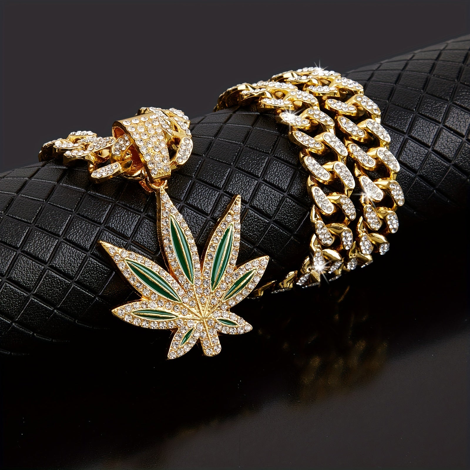 Hip hop rhinestone leaf pendant, Cuban chain necklace, unisex neck accessory, Women's and Men's decoration