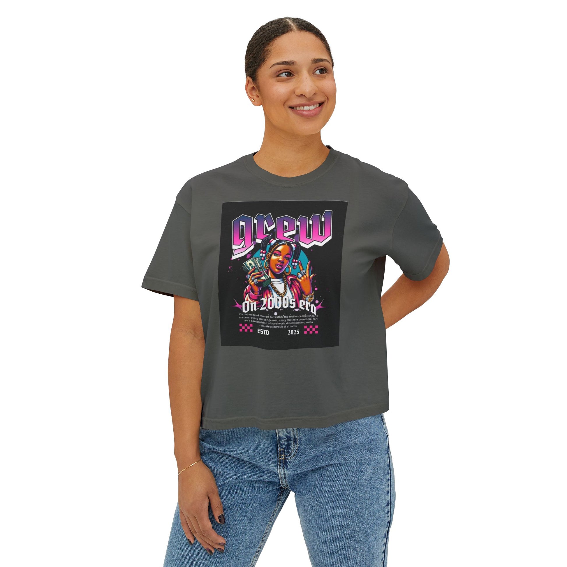 Graphic Boxy Tee - 'Grew On 2000s Era' Vintage Style Women's Top
