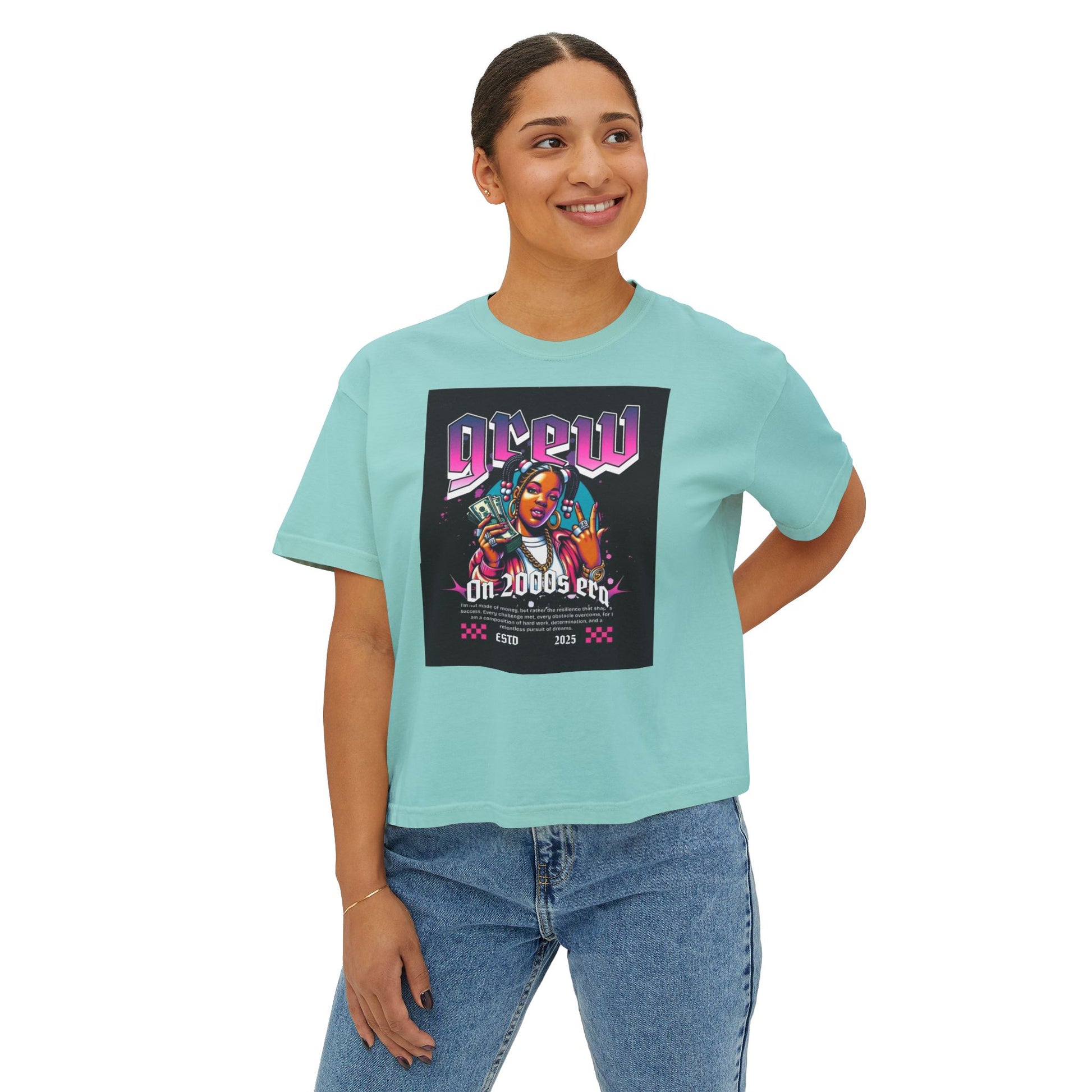 Graphic Boxy Tee - 'Grew On 2000s Era' Vintage Style Women's Top