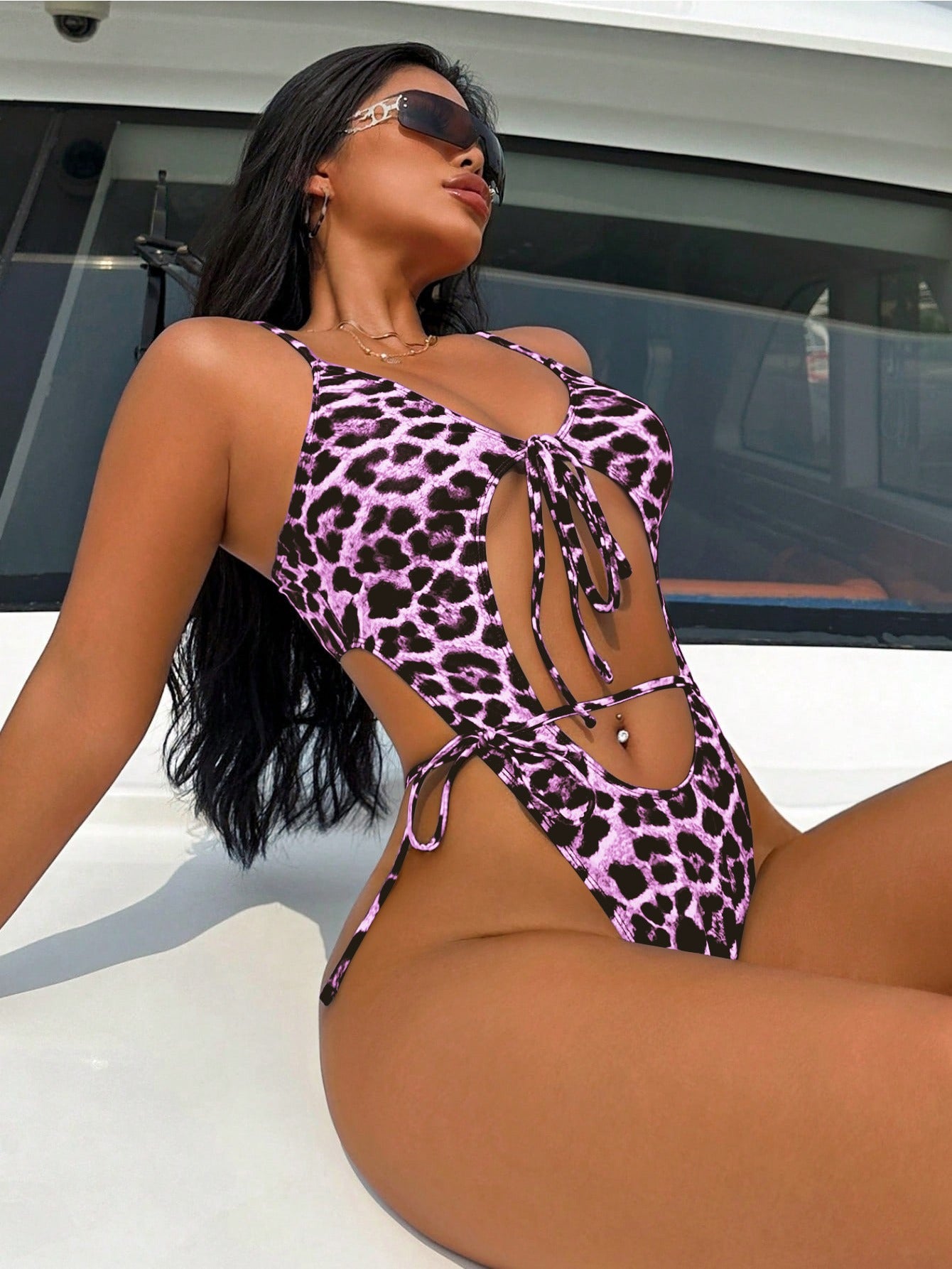2025 Sexy Leopard Print Lace-Up Front One-Piece Swimsuit for Women - Adjustable Straps, Medium Stretch Vacation-Ready Swimsuit, Hand Wash Only