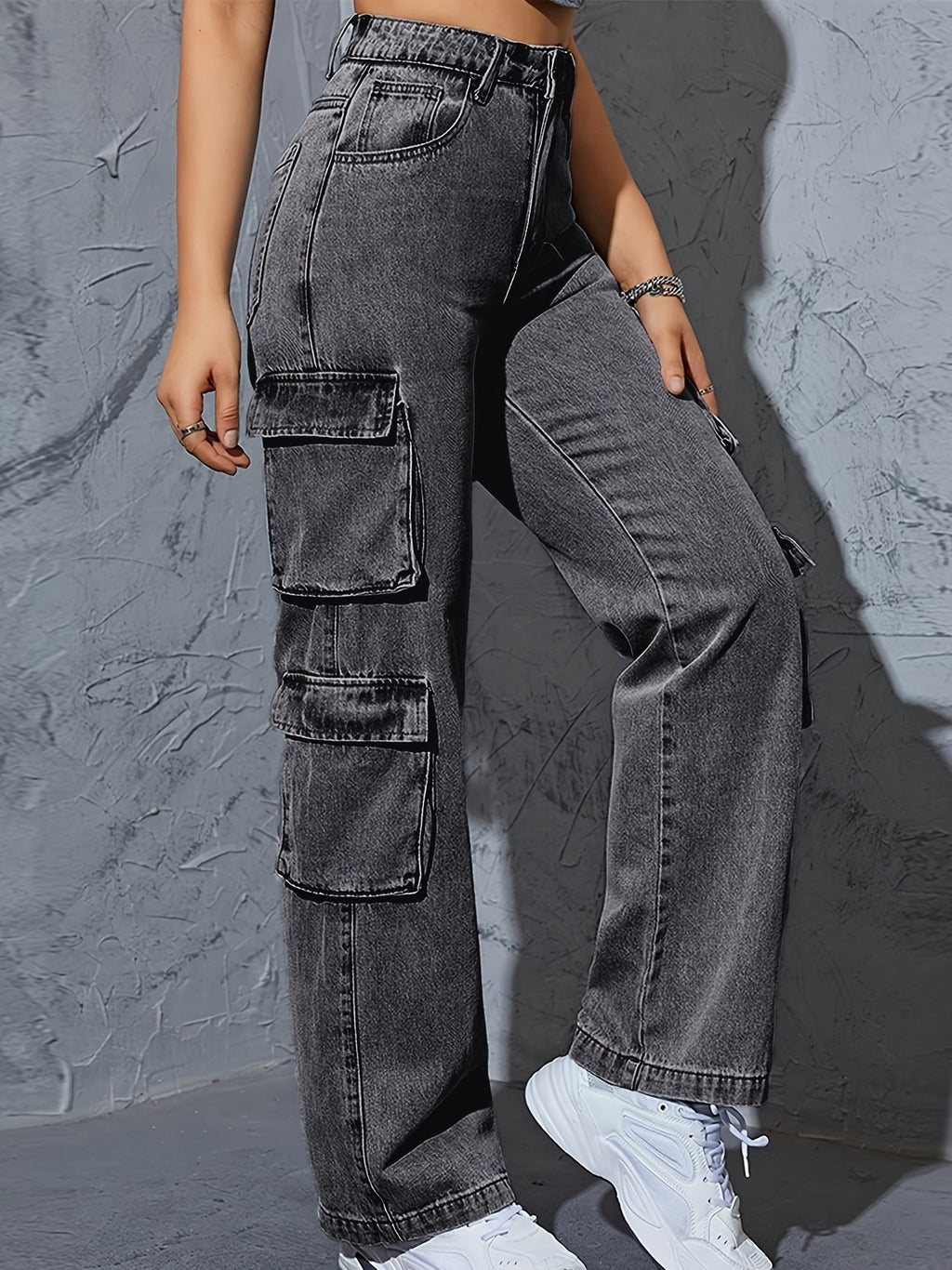 Women's High-waisted Wide-leg Jeans, Boyfriend Style Wide-leg Overalls, Casual Denim Baggy Belt Pockets