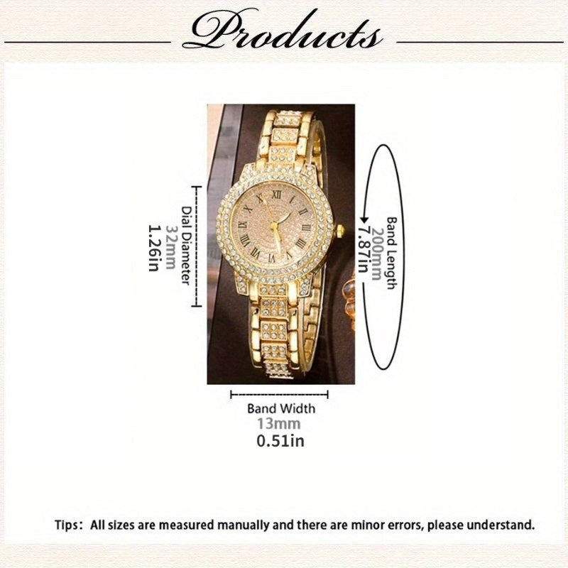 Golden Watch Women Ring Necklace Earrings Rhinestone Fashion Wristwatch Female Casual Ladies Watches Bracelet Set Clock