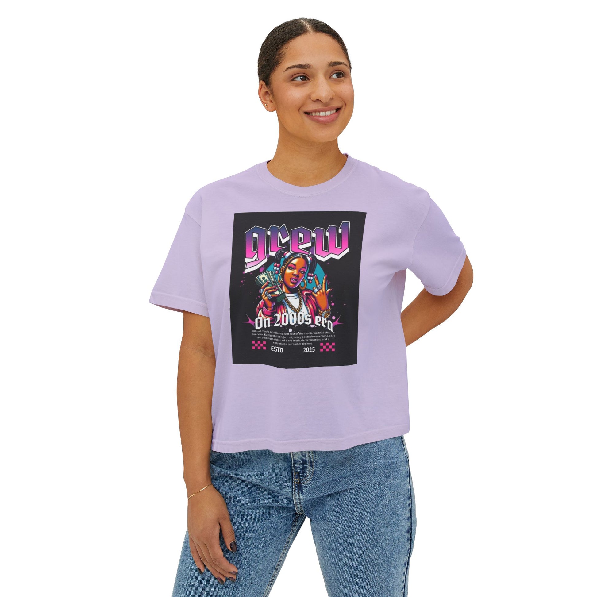 Graphic Boxy Tee - 'Grew On 2000s Era' Vintage Style Women's Top