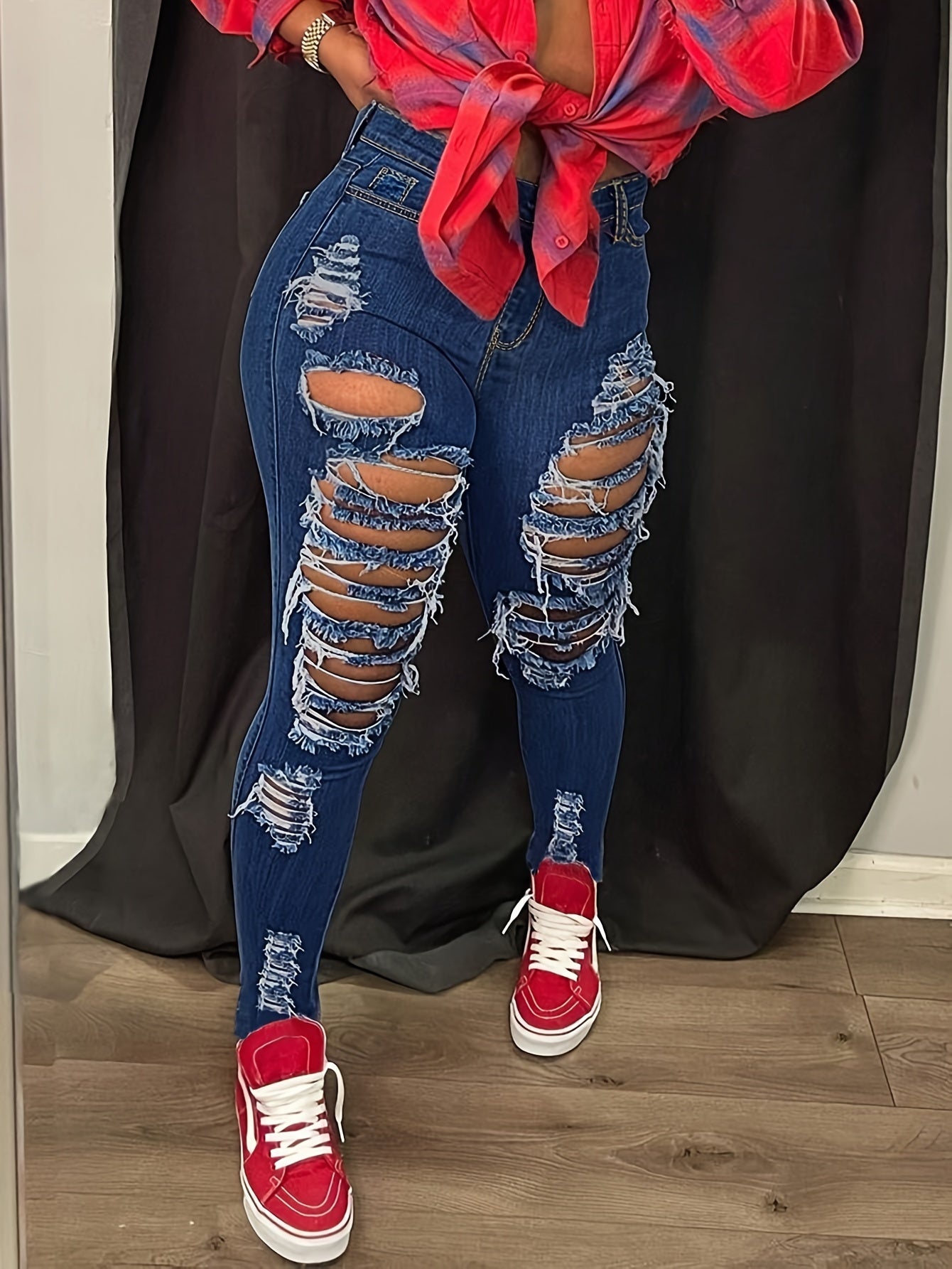 [Distressed High Waisted Jeans] High Waisted Ladies' Classic Distressed Torn Elastic Jeans - Comfortable Frayed Edges, Women's Jeans And Clothing