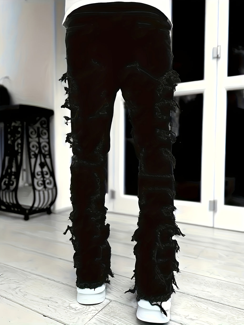 Men'S Slim And Slim Creative Tassel Decorated Straight Jeans, Casual Elastic Street Style Hip-hop Skateboarding Rap Jeans For All Seasons.