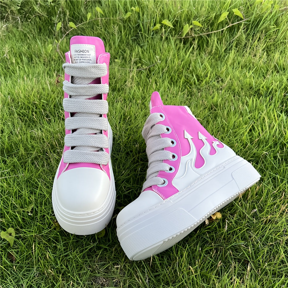 Women Fashion Red Sneakers Thick Sole High-top Faux Leather Casual Tennis