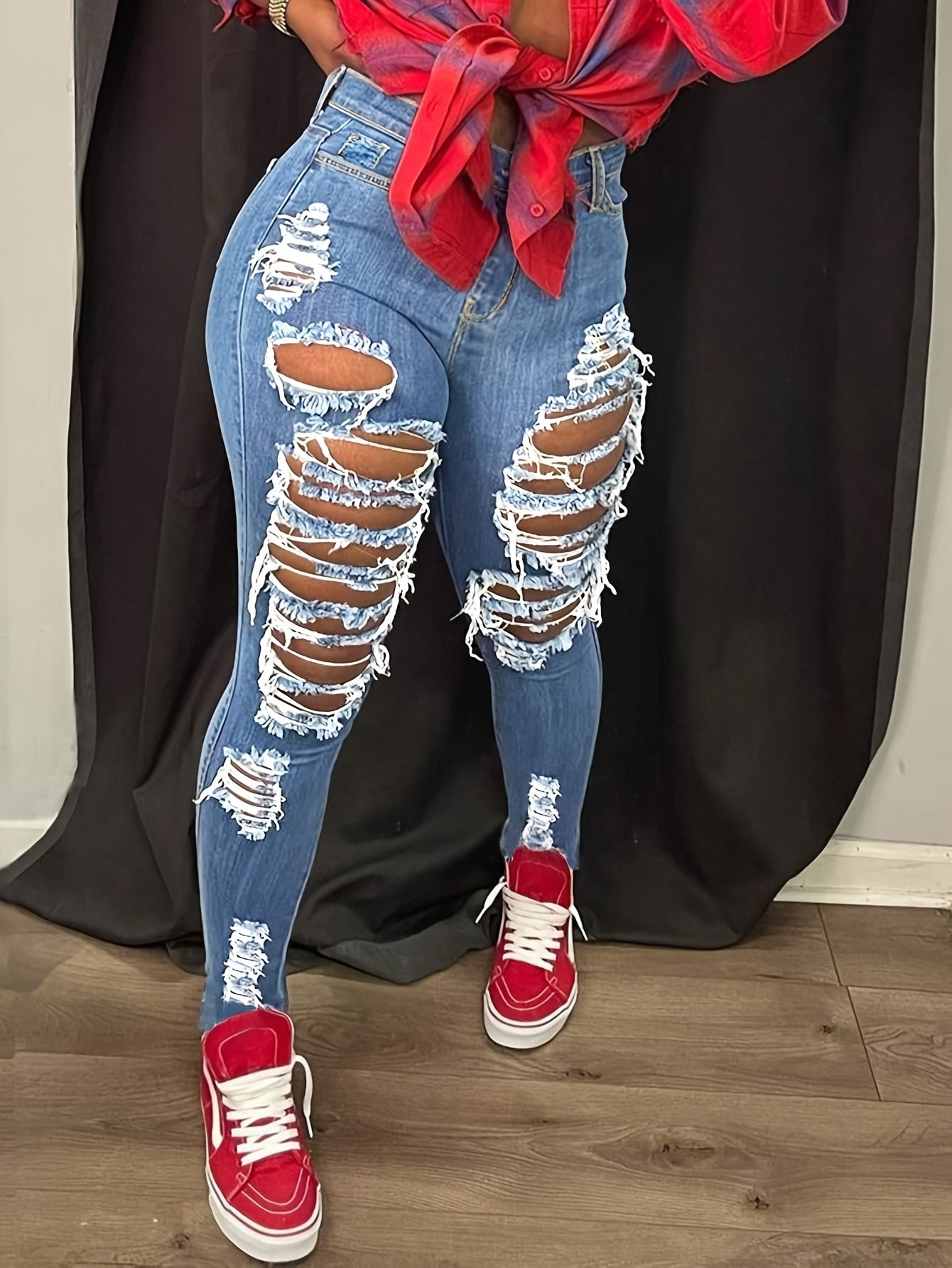 [Distressed High Waisted Jeans] High Waisted Ladies' Classic Distressed Torn Elastic Jeans - Comfortable Frayed Edges, Women's Jeans And Clothing