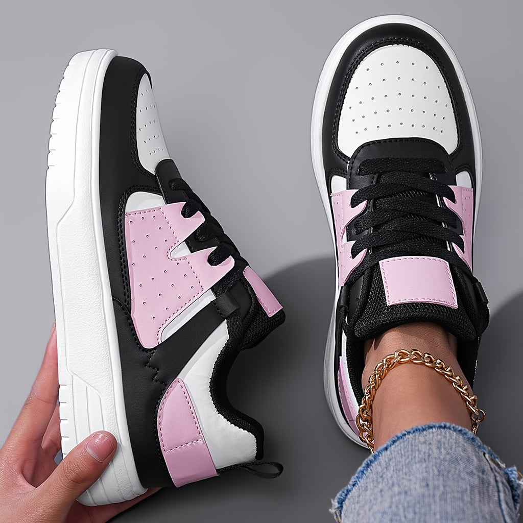Women's Breathable Mesh Sneakers - Lightweight & Non-Slip Walking Shoes with EVA Sole, Casual Lace-Up Low Tops in Black/White/Pink, Perfect for All Seasons
