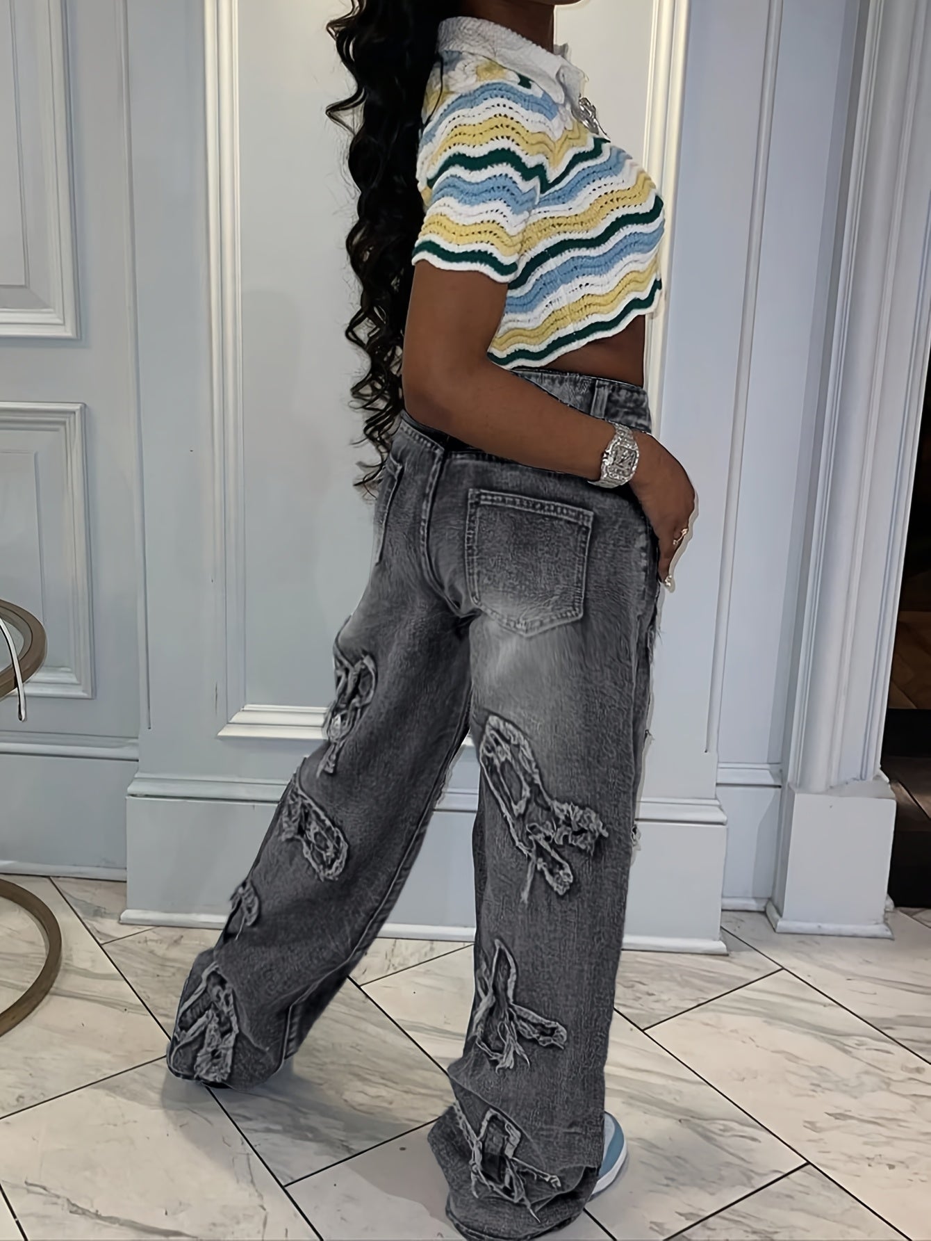 Women'S Monogram Embroidered Jeans - Casual Straight Leg Design, Non-stretch Fabric, Geometric Pattern - All Season Pants With Button Closure - For Women - For Casual Going Out - The Perfect Gift For Stylish Women