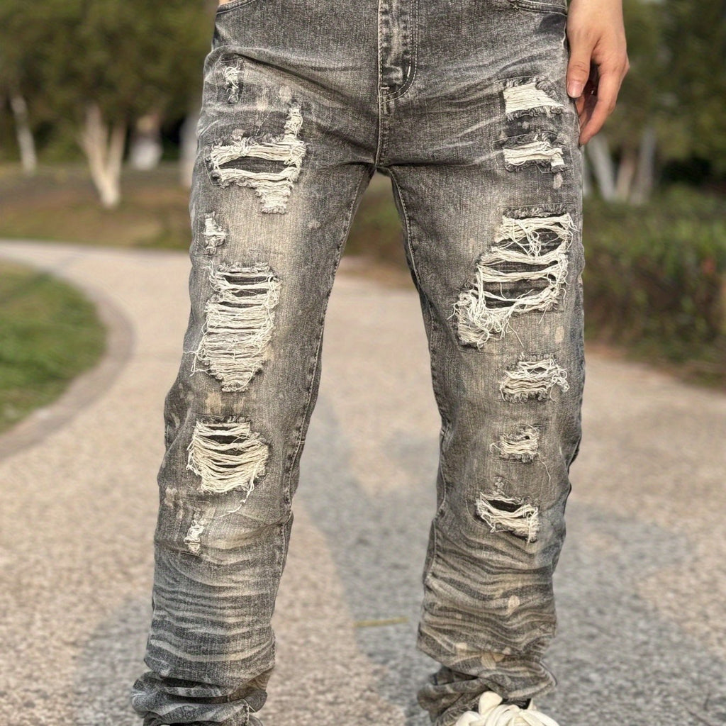 Men's Stretch Slim-Fit Ripped Jeans - Y2K Streetwear Style with 3D Embroidered Cat Beard Detail, Water-Washed Denim & Straight Leg Cut for All-Season Comfort, Casual Streetwear