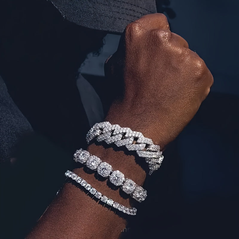 3pcs 7.87inch Cuban Chain Bracelets For Men, Hip Hop Iced Out Rhinestone Bracelet Jewelry