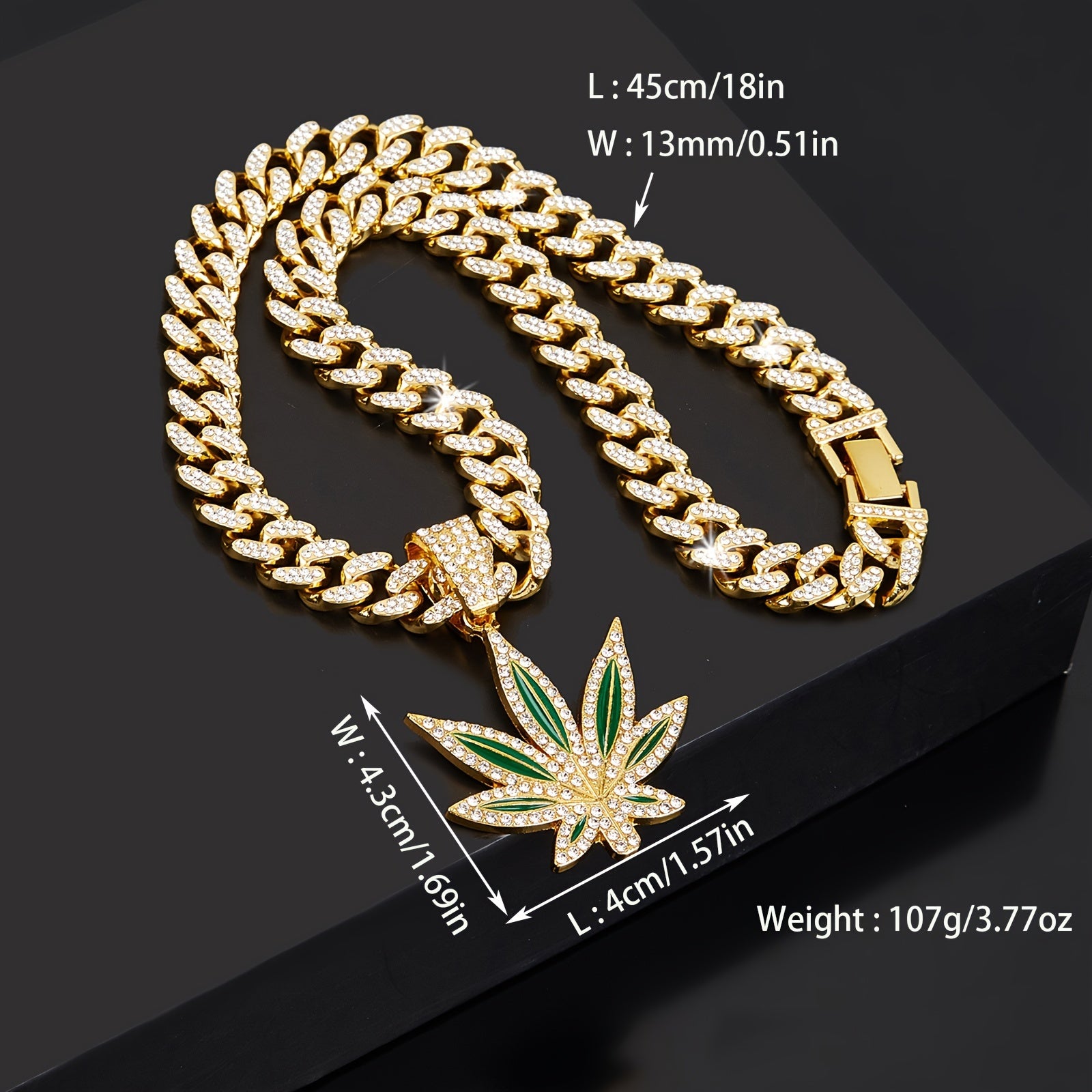 Hip hop rhinestone leaf pendant, Cuban chain necklace, unisex neck accessory, Women's and Men's decoration