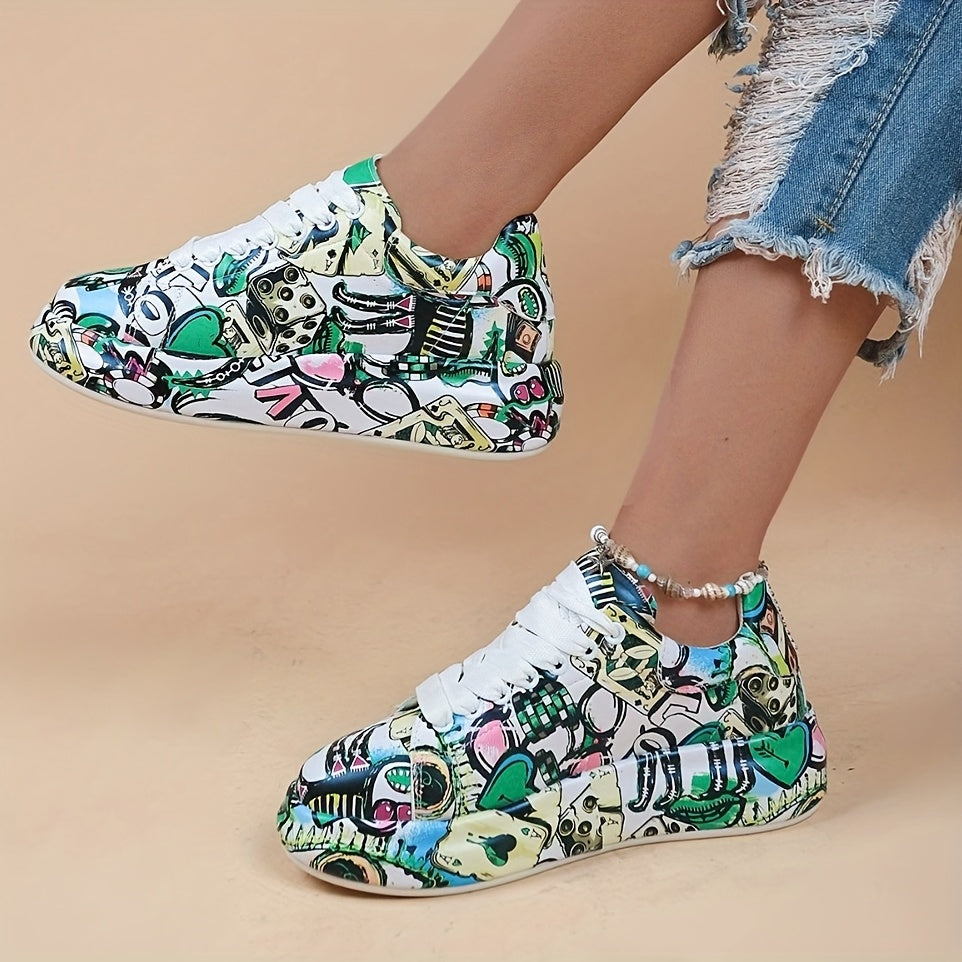 Women's Graffiti Print Platform Sneakers - Low-Top Lace-Up Skate Shoes with PU Cover Upper, Rubber Sole & Fabric Lining, All-Season Casual Streetwear Shoes for Urban Fashion, Ladies Sneakers, Stylish Laceup Footwear, Durable