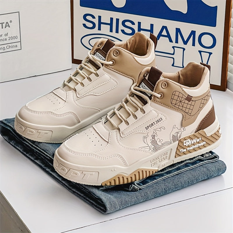 Women's High-Top Casual Sneakers - Trendy Wave Pattern & Color Block Design, PU Cover Upper & Anti-Slip Rubber Sole, Lace-Up Skateboard Shoes for Outdoor Activities, All-Season Comfort Footwear, High Top Sneakers