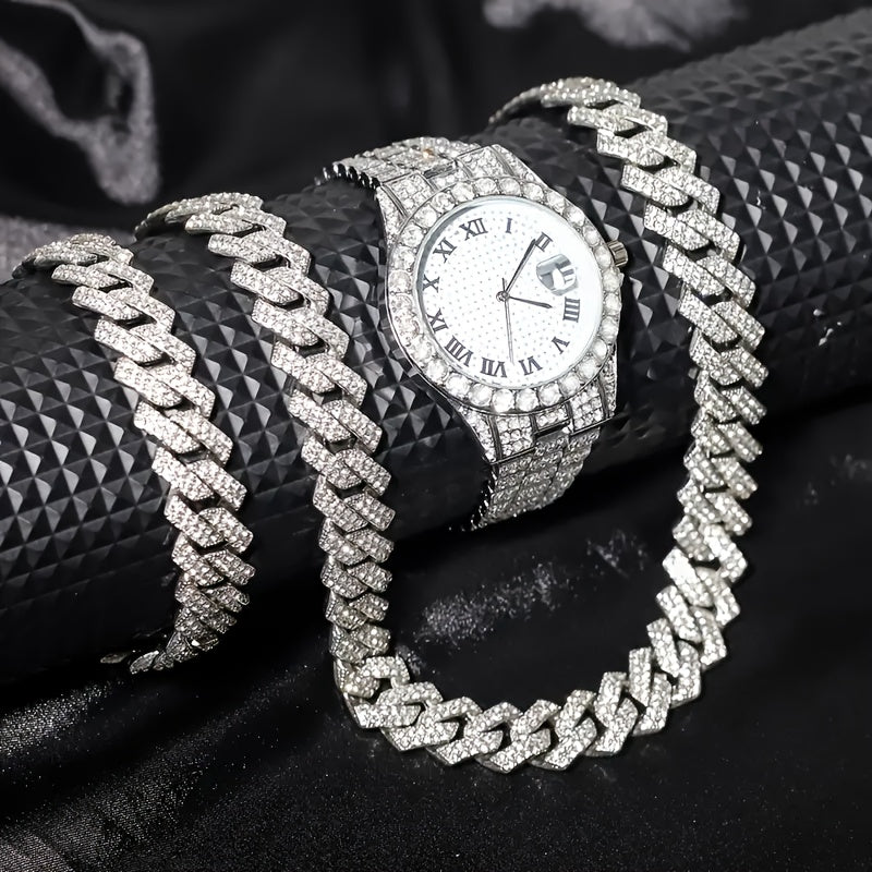 A Set Of 3 Pieces, Featuring A Stylish Hip-hop Watch Set With Waterfall Chain Bracelet And Necklace - Sparkling Water Droplets, Classic Design, Suitable For Men's Fashion