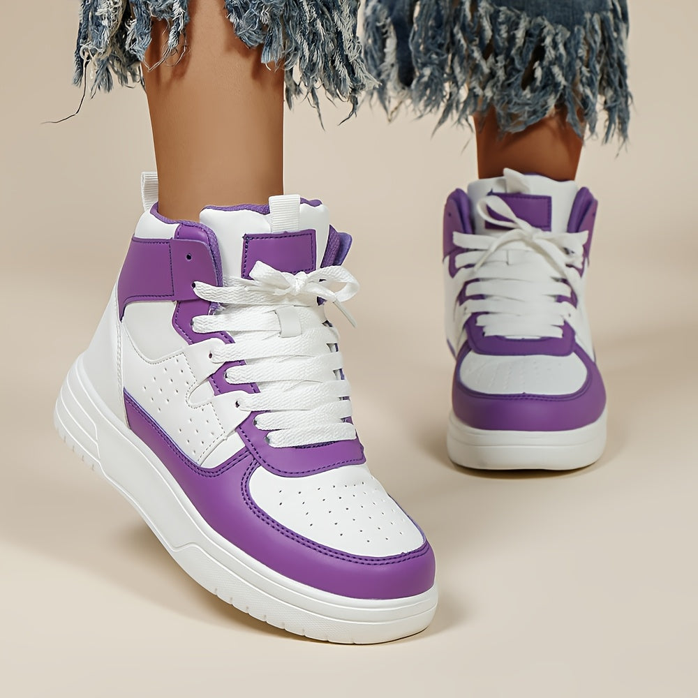 [Autumn Colorblock Sneakers] Autumn Women's Colorblock Casual Sneakers - Lace Up Soft Sole Flat High-top Walking Shoes - Round Toe Versatile Skate Shoes