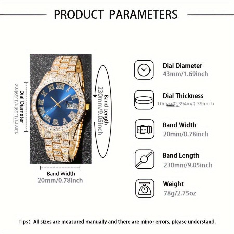 Men's Quartz Watch Set, Stylish Shock Resistant Circular Pointer Display, Non Alloy Case and Strap, with Accompanying Jewelry Set