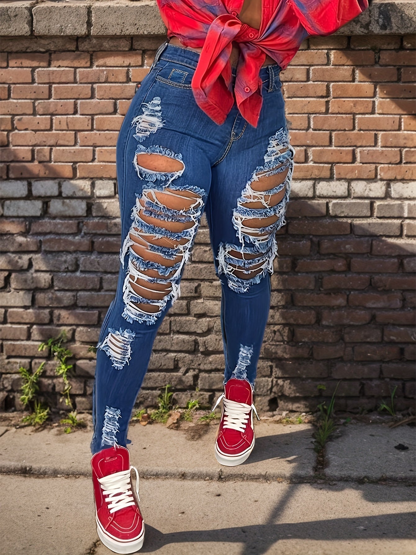 [Distressed High Waisted Jeans] High Waisted Ladies' Classic Distressed Torn Elastic Jeans - Comfortable Frayed Edges, Women's Jeans And Clothing