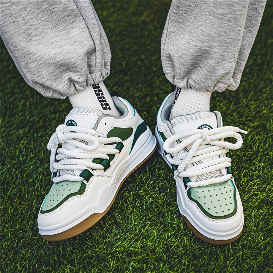 Men's All-Season Trendy Athletic Sneakers - White, Green & Orange Color Scheme, Breathable Mesh Upper, Durable Rubber Sole, Lace-Up Casual Shoes for Everyday & Sports Wear, Versatile Footwear | Modern Shoe Design | Comfortabl