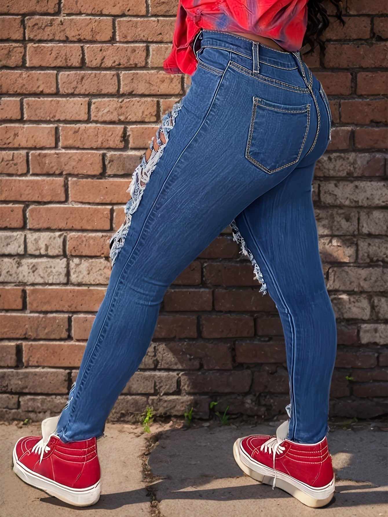 [Distressed High Waisted Jeans] High Waisted Ladies' Classic Distressed Torn Elastic Jeans - Comfortable Frayed Edges, Women's Jeans And Clothing