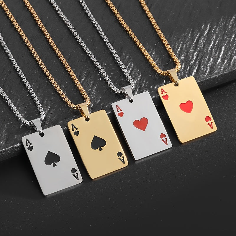 Classic Stainless Steel Pendant Necklace - Unisex Heart A Spade A Design - Fashionable Punk Style Lucky Jewelry Accessory