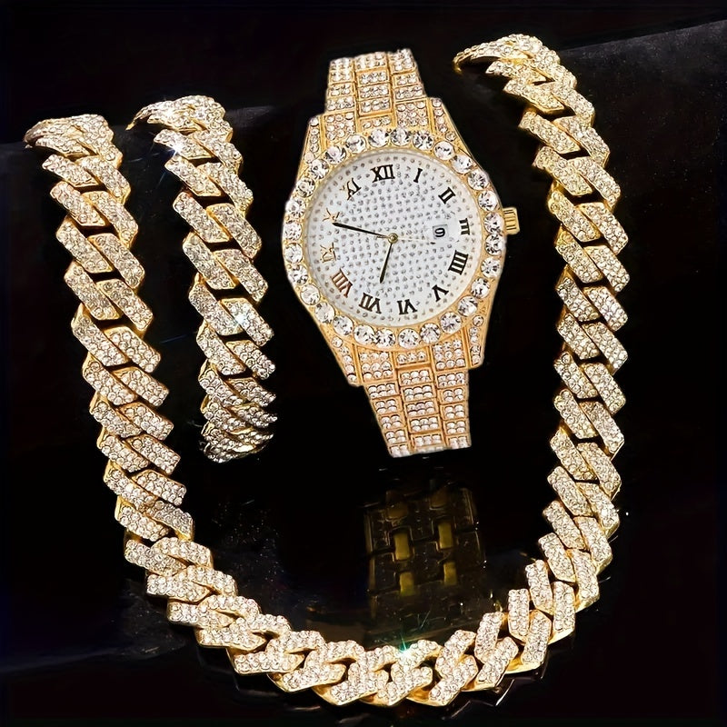 A Set Of 3 Pieces, Featuring A Stylish Hip-hop Watch Set With Waterfall Chain Bracelet And Necklace - Sparkling Water Droplets, Classic Design, Suitable For Men's Fashion