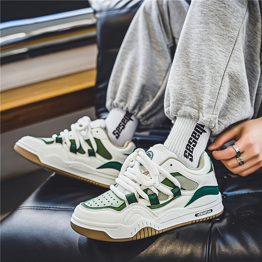 Men's All-Season Trendy Athletic Sneakers - White, Green & Orange Color Scheme, Breathable Mesh Upper, Durable Rubber Sole, Lace-Up Casual Shoes for Everyday & Sports Wear, Versatile Footwear | Modern Shoe Design | Comfortabl