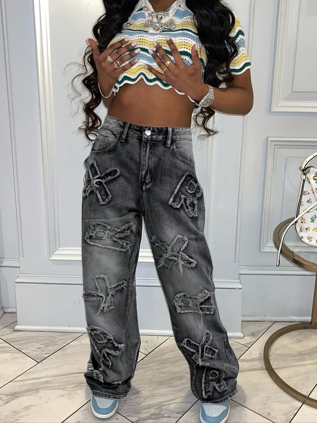 Women'S Monogram Embroidered Jeans - Casual Straight Leg Design, Non-stretch Fabric, Geometric Pattern - All Season Pants With Button Closure - For Women - For Casual Going Out - The Perfect Gift For Stylish Women
